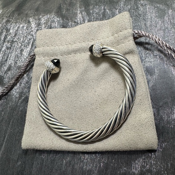 David Yurman .925 Silver Onyx & Diamond Classic Cable Bracelet / Small - Picture 3 of 9